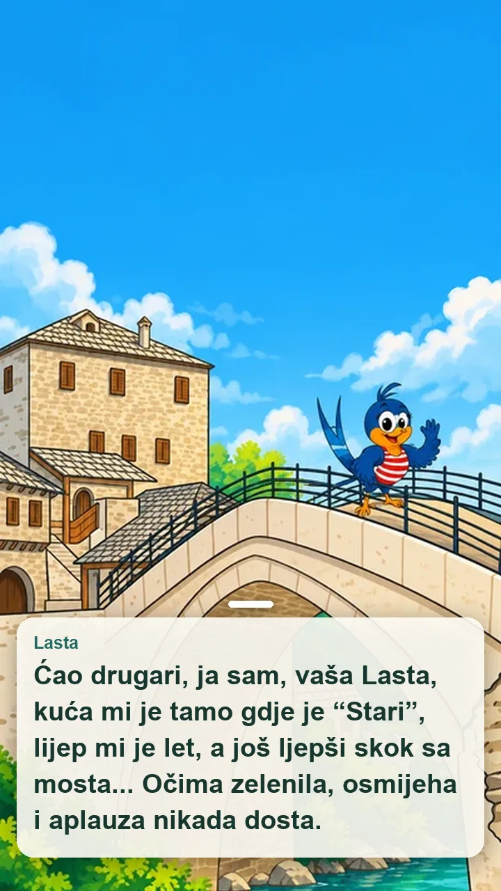 Stranica iz slikovnice Ljetni odmor: Lasta najavljuje ljepote Mostara.