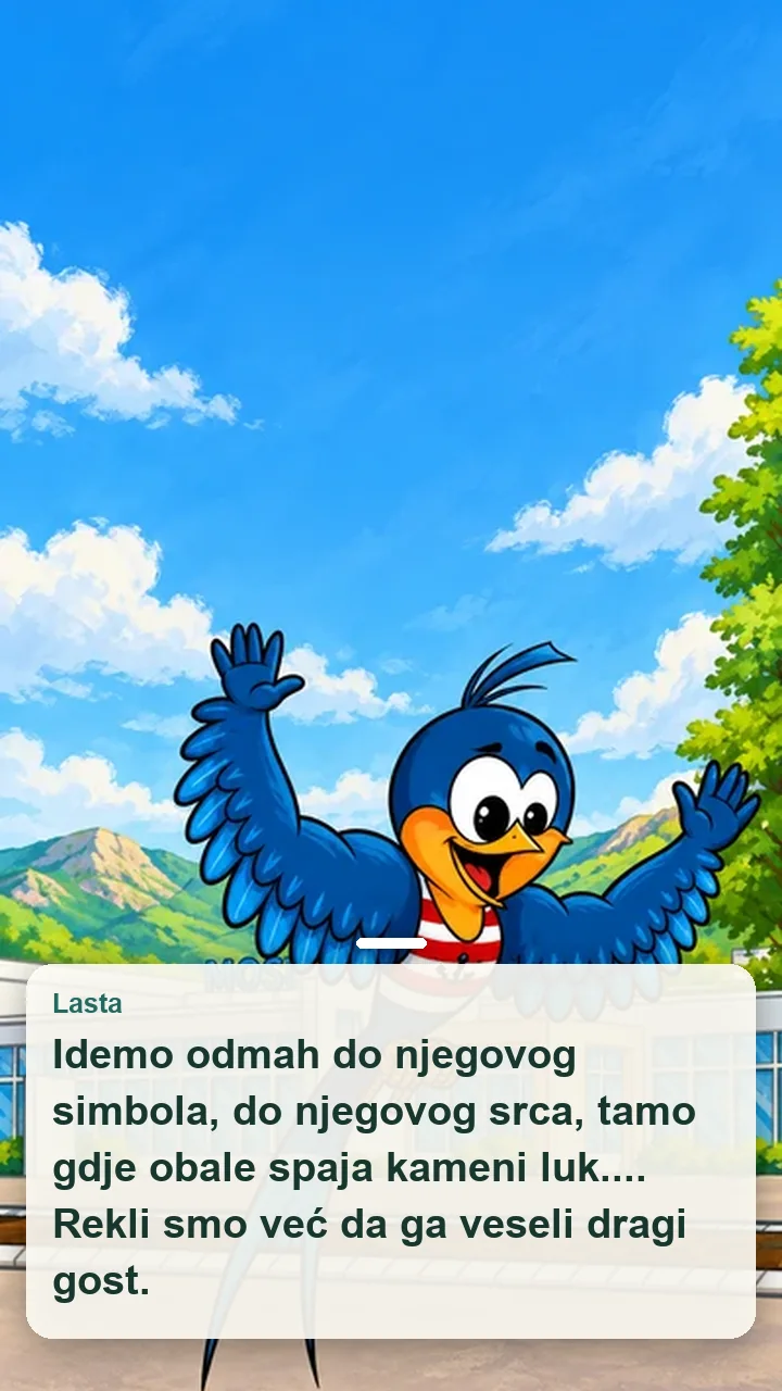 Stranica iz slikovnice Ljetni odmor: Društvo kreće prema Starom mostu.