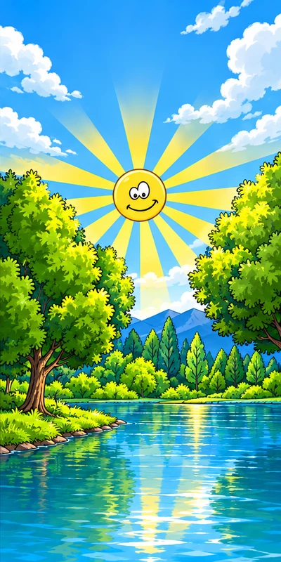 Stranica iz slikovnice Rijekama Bosne s ilustracijom sunčanog dana uz rijeku.