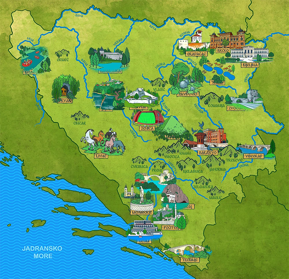 Ilustrirana mapa s 24 mjesta u Bosni i Hercegovini