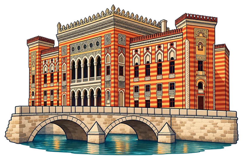 Ilustracija sarajevske Vijećnice i Šeher-Ćehajine ćuprije iznad Miljacke
